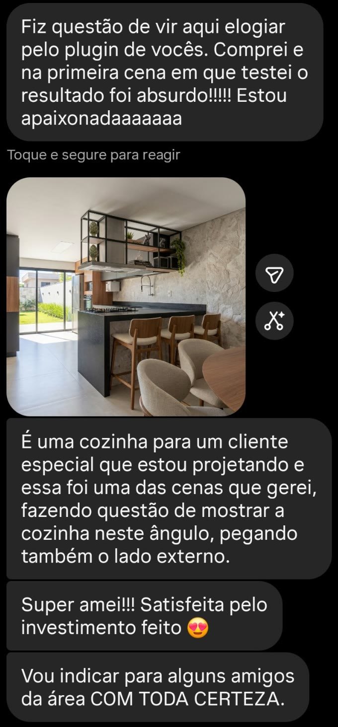 Mensagem de uma arquiteta que comprou o plugin elogiando o resultado, com o render de uma cozinha